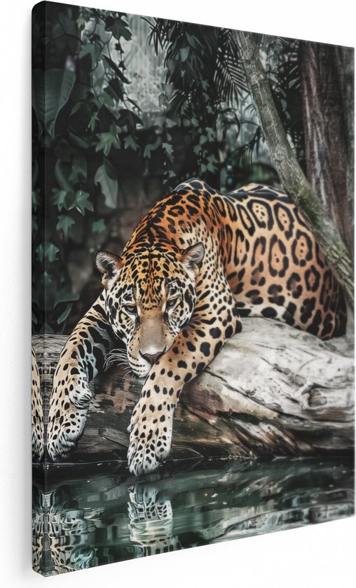 Artaza Tableau sur toile Jaguar reposant sur un tronc d'arbre - 90x120 - Décoration murale - Photo sur toile - Impression sur toile