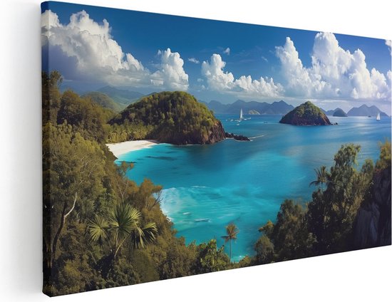 Artaza Canvas Schilderij Tropisch Eiland met Blauw Water en Groene Bomen - 100x50 - Muurdecoratie - Foto Op Canvas - Canvas Print