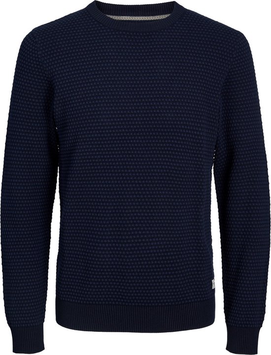 JACK & JONES Atlas knit crew neck slim fit - heren pullover katoen met O-hals - jeansblauw - Maat: XL