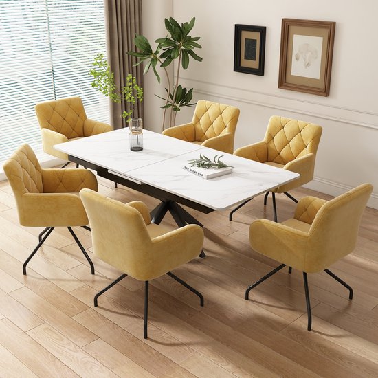 Set de 6 chaises de salle à manger à motif losange, fauteuil rembourré avec 4 pieds en métal, chaise longue moderne, chaise pour salon, chambre à coucher, bureau et bureau, en éponge et velours, jaune