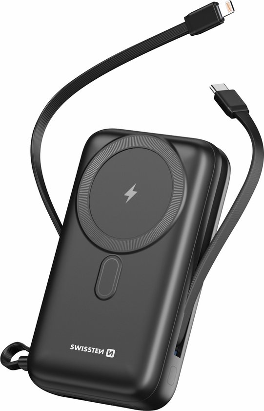 Swissten Powerbank Geschikt voor Magsafe - 20.000 mAh - 20W - Ingebouwde kabels - Geschikt voor iPhone 12/13/14/15 - Zwart