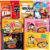 SAMCHEER Korean Mix Ramen Box - Samyang Hot Chicken Carbonara - Nongshim Shin Kimchi Instant Ramen Noodles -Dragon Ball Metal Sheet- 8 delige box