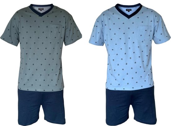 Outfitter Heren Shortama's - 2-pack - groen en blauw - palmboompjes print - maat M