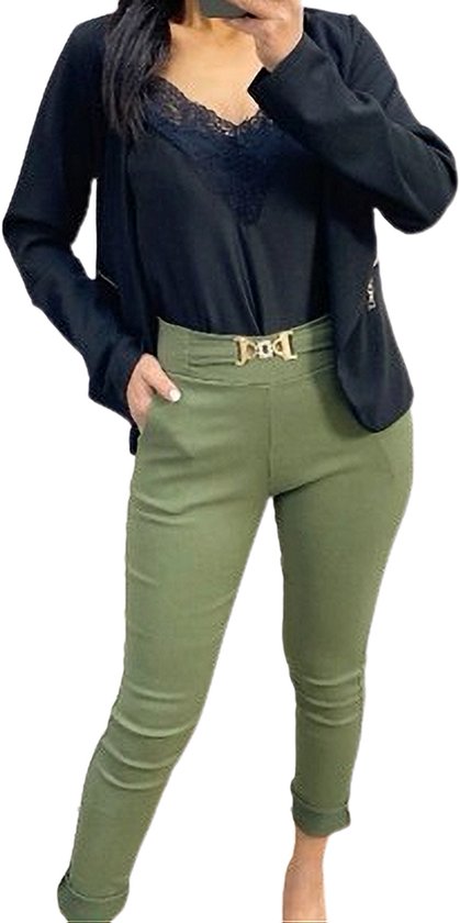 Dilena fashion zomer broek met siergesp groen dames