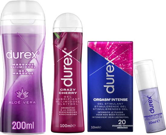 Durex - 2 Glijmiddelen en 1 Stimulerende gel - Voor Een Sensuele Aanraking - Waterbasis - Crazy Cherry met Smaak 100ml - Massage Aloe Vera 2 in 1 200ml - Orgasm Intense Stimulerende Glijmiddel 10ml