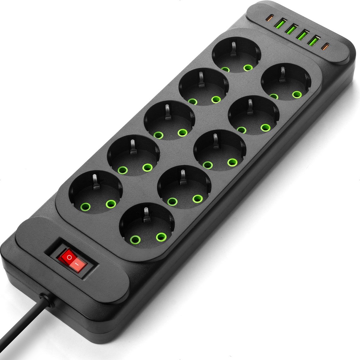 Stekkerdoos met schakelaar en 10x geaarde stopcontact 4x USB-A en 2x USB C - Verlengsnoer 2 meter - Zwart