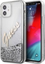 GUESS Liquid Glitter Vintage Backcase Hoesje iPhone 12 Mini - Zilver