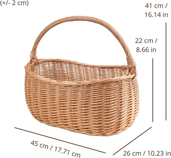 Panier en osier avec une anse, avec les dimensions indiquées en cm et en pouces.