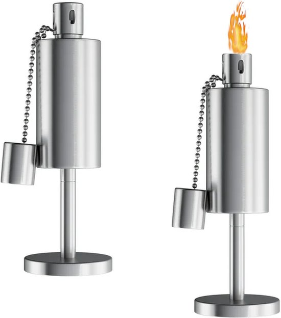 Fire & Deco - Tuinfakkel - olielamp met Cilindrische oliecontainer, van geborsteld RVS en deksel/blusdop - 27 x 10 cm - 2 Stuks