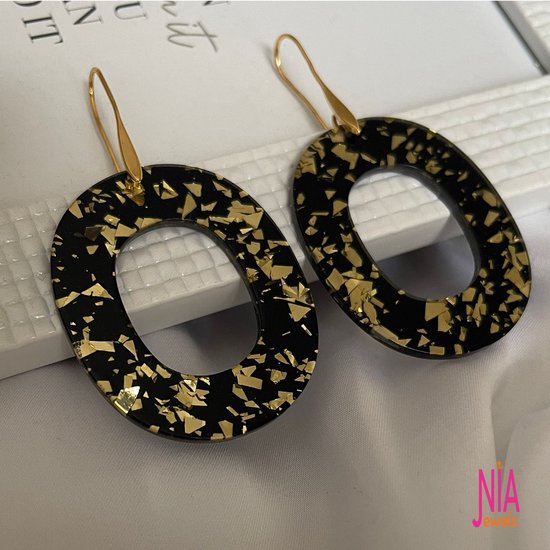 Nia Jewels - gold plated oorbellen, zwarte ovale hanger