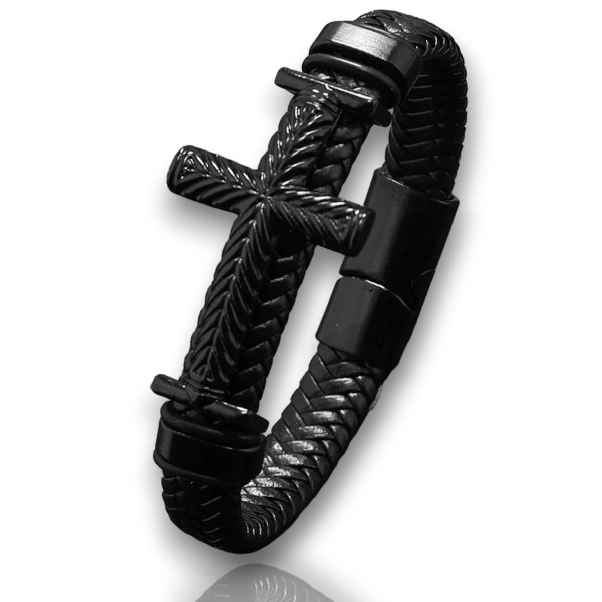 Leren armband lichtbruin, plaat kruis, sluiting edelstaal - Giftshop Lili