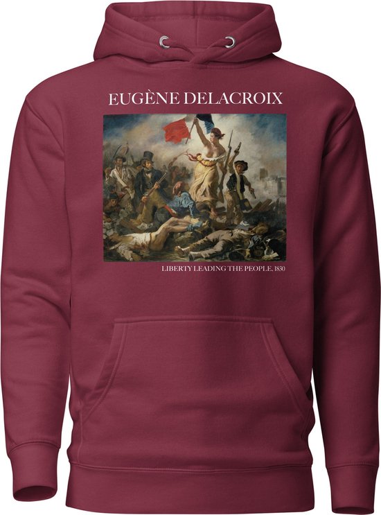 Eugène Delacroix 'Vrijheid leidt het volk' ("Liberty Leading the People") Beroemd Schilderij Hoodie | Unisex Premium Kunst Hoodie | Maroon | XL