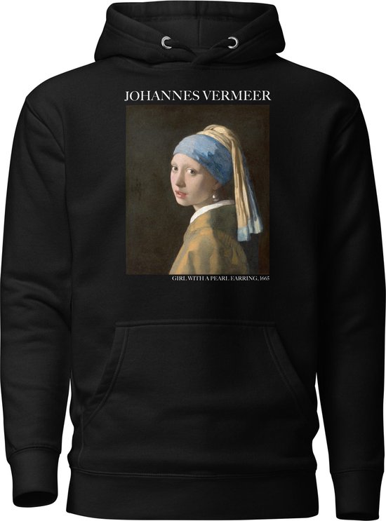 Johannes Vermeer 'Meisje met de Parel' ("Girl with a Pearl Earring") Beroemd Schilderij Hoodie | Unisex Premium Kunst Hoodie | Zwart | XL