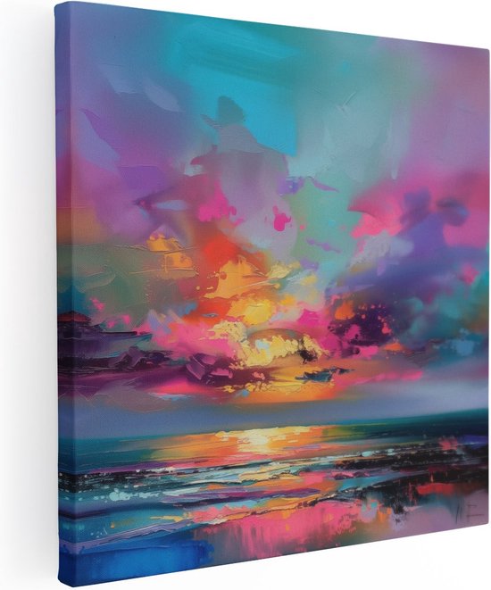 Artaza Canvas Schilderij Abstract Kunstwerk van een Kleurrijke Zonsondergang over de Oceaan - 90x90 - Groot - Foto Op Canvas - Canvas Print