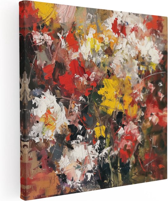 Abstract schilderij met rode, gele en witte bloemen, getoond op een sokkel.