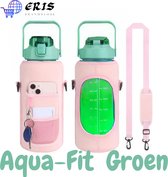 Aqua-Fit Groen 2L - Waterfles - Drinkfles - Roze Draagtas met mobiele telefoon en sleutelhouder - Waterfles/Drinkfles met rietje - Grote waterfles - Gallon - Sportbidon - fitnessfles