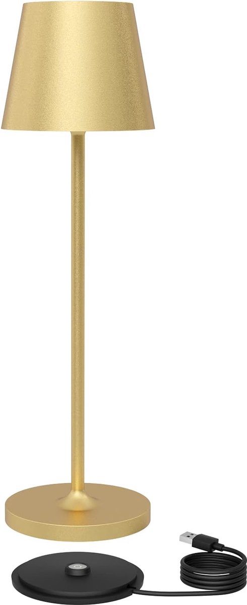 Oplaadbare Tafellamp - Aluminium - Bureaulamp - Oplaadbaar - Waterdicht - Dimbaar - Met Oplaadstation - 38CM - Goud