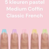 Soft Gel tips Medium Coffin in 5 Pastel Kleuren - French Manicure - French Nails Press ons - Plaknagels met Lijm - Nepnagels met Lijm - Nageltips met Lijm - full cover Gelnagels Frosted - 150 stuks in Doos - 15 maten - Medium Coffin- Frosted Almond
