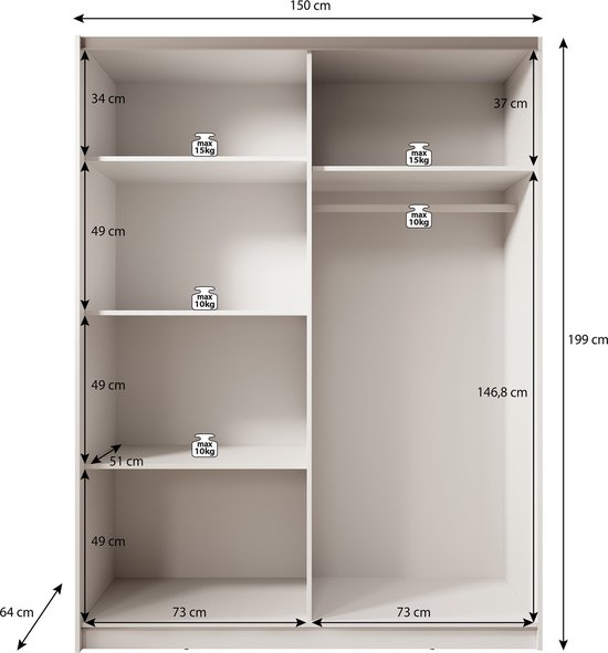 Meubella - Armoire Boets - Wit - Chêne - 150 cm - Avec miroir