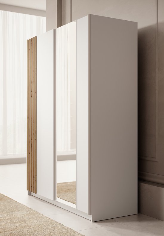 Meubella - Armoire Boets - Wit - Chêne - 150 cm - Avec miroir