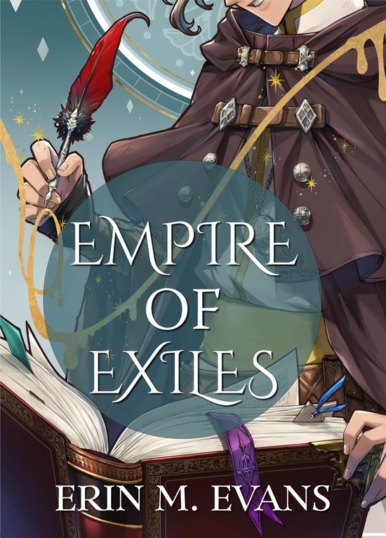 Boekomslag van 'Empire of Exiles' door Erin M. Evans, met een figuur die een veer vasthoudt boven een open boek.