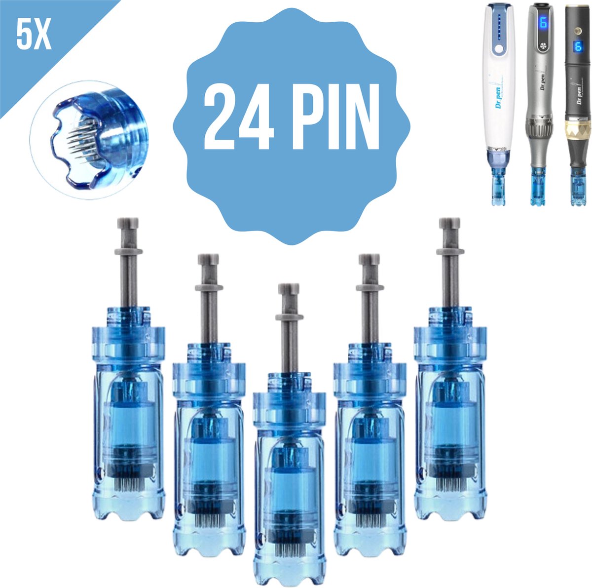 Dermapen naalden - 24 pin - Voor Dr.Pen M8S, A8S en A9 - Microneedling cartidges - Vervangende naaldkoppen - Opzetstuk dermapen - Anti-aging - Huidverzorging - ENKEL GESCHIKT VOOR DR.PEN M8S, A8S en A9 - 5 stuks + Sprayflesje 50 ml per bestelling