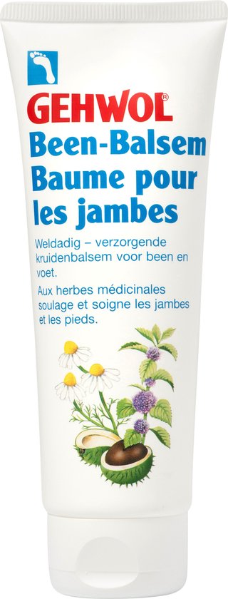 GEHWOL Been-Balsem tube met de tekst "Weldadig - verzorgende kruidenbalsem voor been en voet." en "Aux herbes médicinales soulage et soigne les jambes et les pieds."