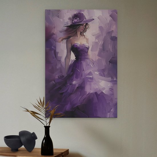 Artaza Tableau sur toile Femme dans une robe violette avec un chapeau - 40x60 - Décoration murale - Photo sur toile - Impression sur toile