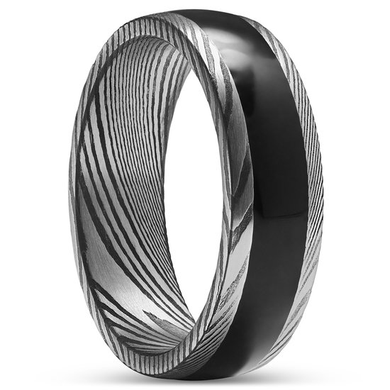 Fortis | Bague en acier Damas gris gunmetal et argent avec incrustation en onyx - 7 mm
