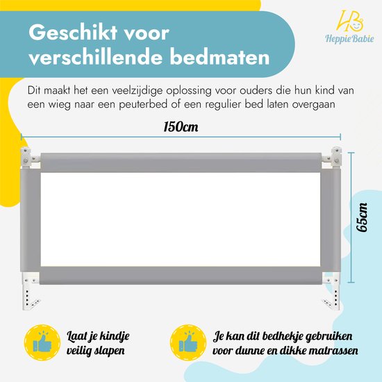 Barrière de lit HeppieBabie - Extra Longue 150 CM - Ajustable - Grijs avec filet de sécurité - Bord de lit - Barrière de lit - Support de lit