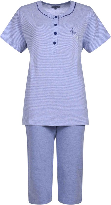 Dames Pyjama - Katoen - Zomer - 3/4 broek - Blauw Gestreept - Maat XXL