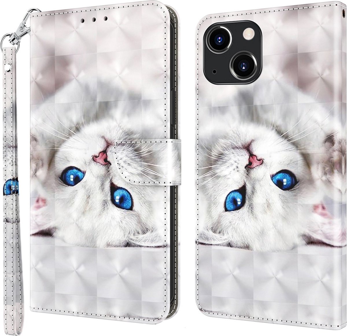 Cityhoesje-iPhone 14 Plus – Bookcase – Print 3D katten – incl. Pasjeshouder