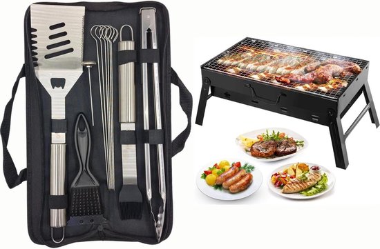 QH7 QH 3 stuks roestvrijstalen grillbestek-set, professionele grill-besteksets in draagtas BBQ grillgereedschap grillset