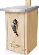 Wildlife Home - Houten nestkast voor de Pimpelmees - Met metalen dak - Onbehandeld grenen hout - 28mm invliegopening