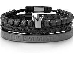Malinsi® Armband Heren King Set van 3 - Compleet RVS 21 cm - Armbandje Mannen Zwart