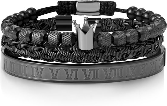 Malinsi Armband Heren King Set van 3 - Compleet RVS 21 cm - Armbandje Mannen Zwart - Vaderdag Cadeau