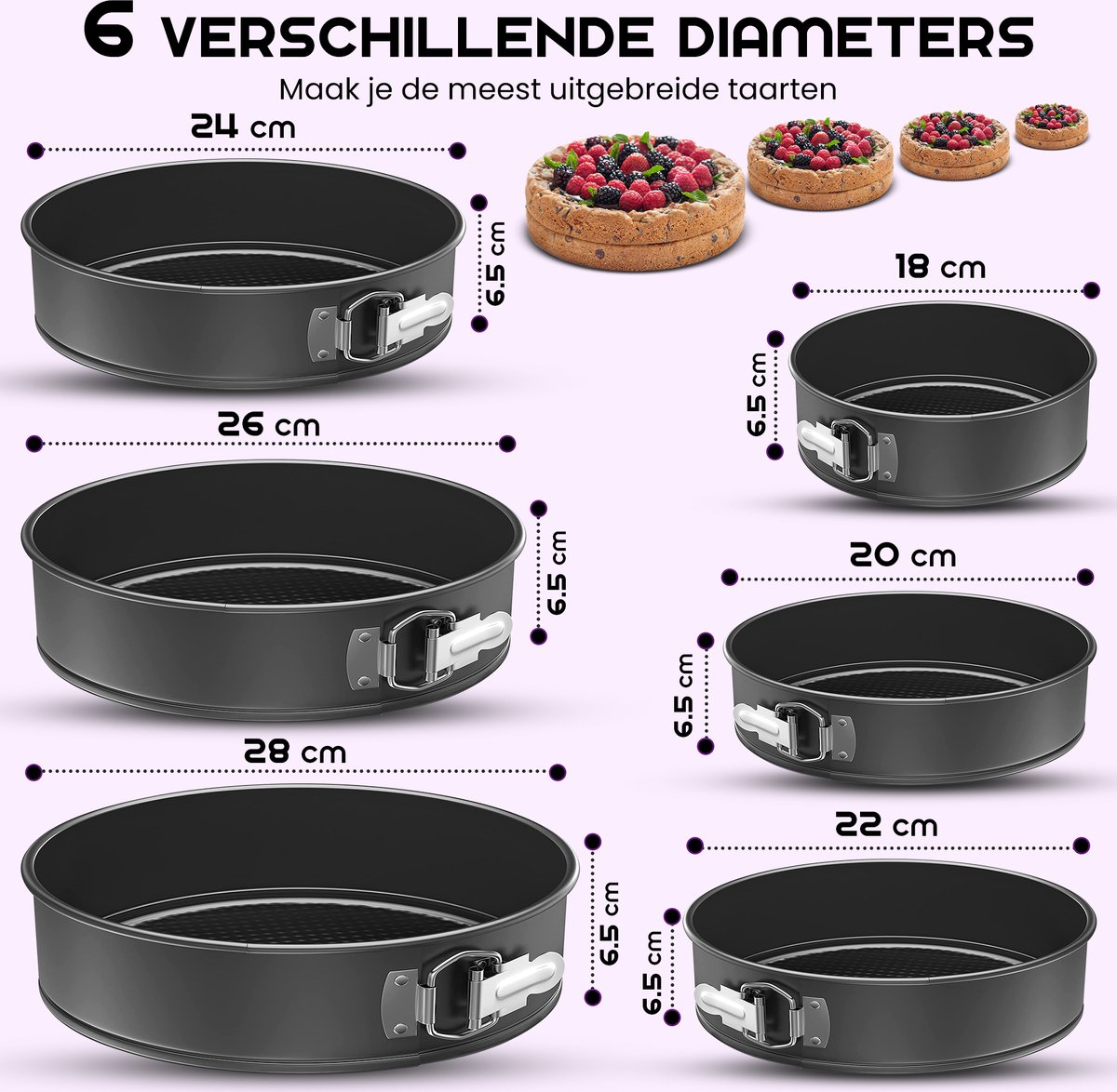 W&Z 6-delige Bakvorm set - Springvorm - Cakevorm - Bakvormen - Taartvorm Ø18 -28cm - 60 bakpapieren – foto 7