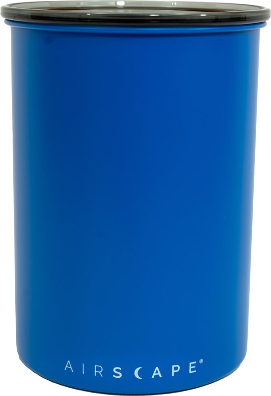 Mat blauwe Airscape voorraadpot met zilveren logo en zwarte rand.
