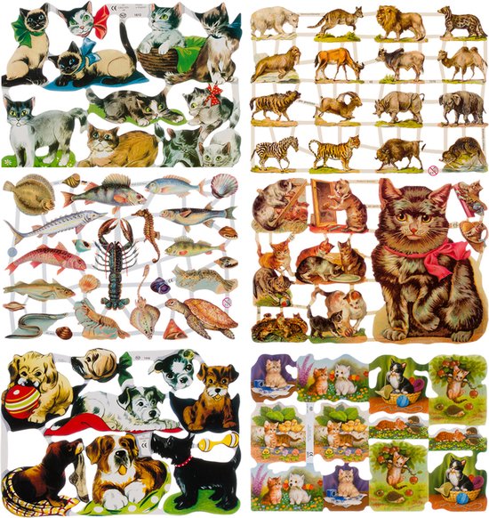 Quatre feuilles d'images poétiques nostalgiques : chats, chiens, poissons et félins.