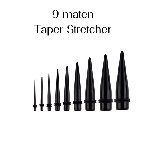 9 maten -Taper -stretcher -1.6 mm- 10 mm- Zwart- Acryl- Charme Bijoux