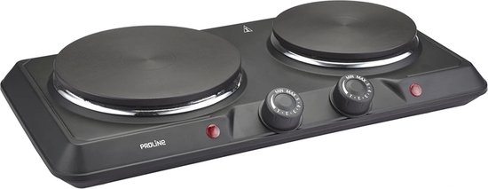 Dubbele zwarte Proline elektrische kookplaat met twee ronde branders en twee draaiknoppen.