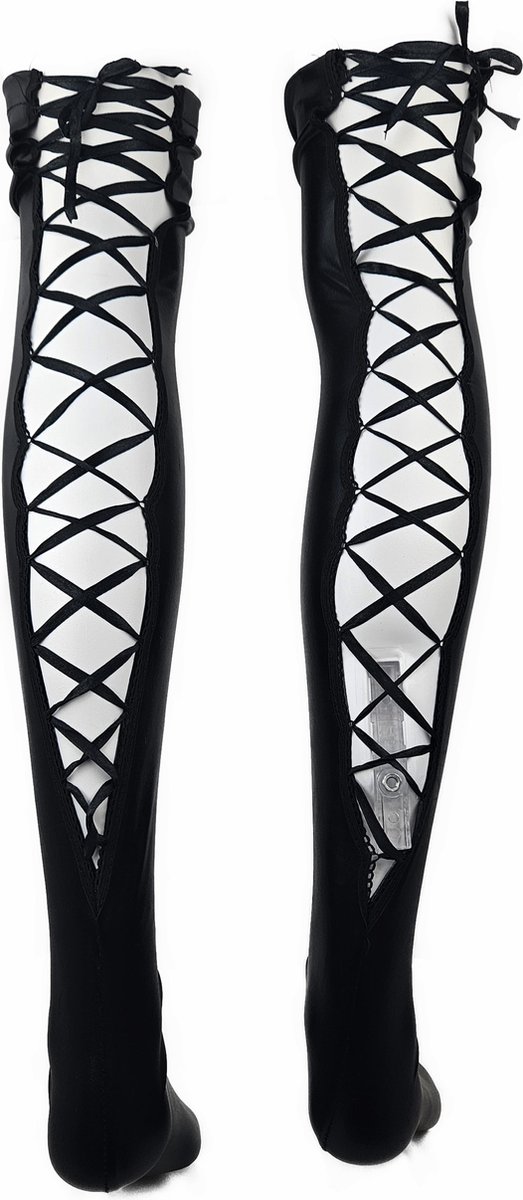Goedkoopste BamBella® - Hoge Kousen - Zwart - Onesize - Wetlook Sexy erotische Veter sKniekousen Super Shiny Fetish kleding