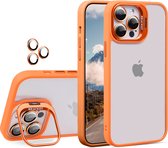 Hoesje geschikt voor iPhone 15 - Met Telefoonstandaard - Transparant/Oranje - Camerabeschermer - Telefoonhoesje
