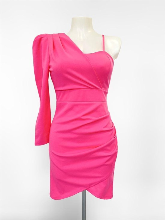 One shoulder jurk - Roze/fuchsia - Open schouder jurkje met stretch - Een mouw - Jurk voor dames - Verstelbare bandjes - One-size - Een maat