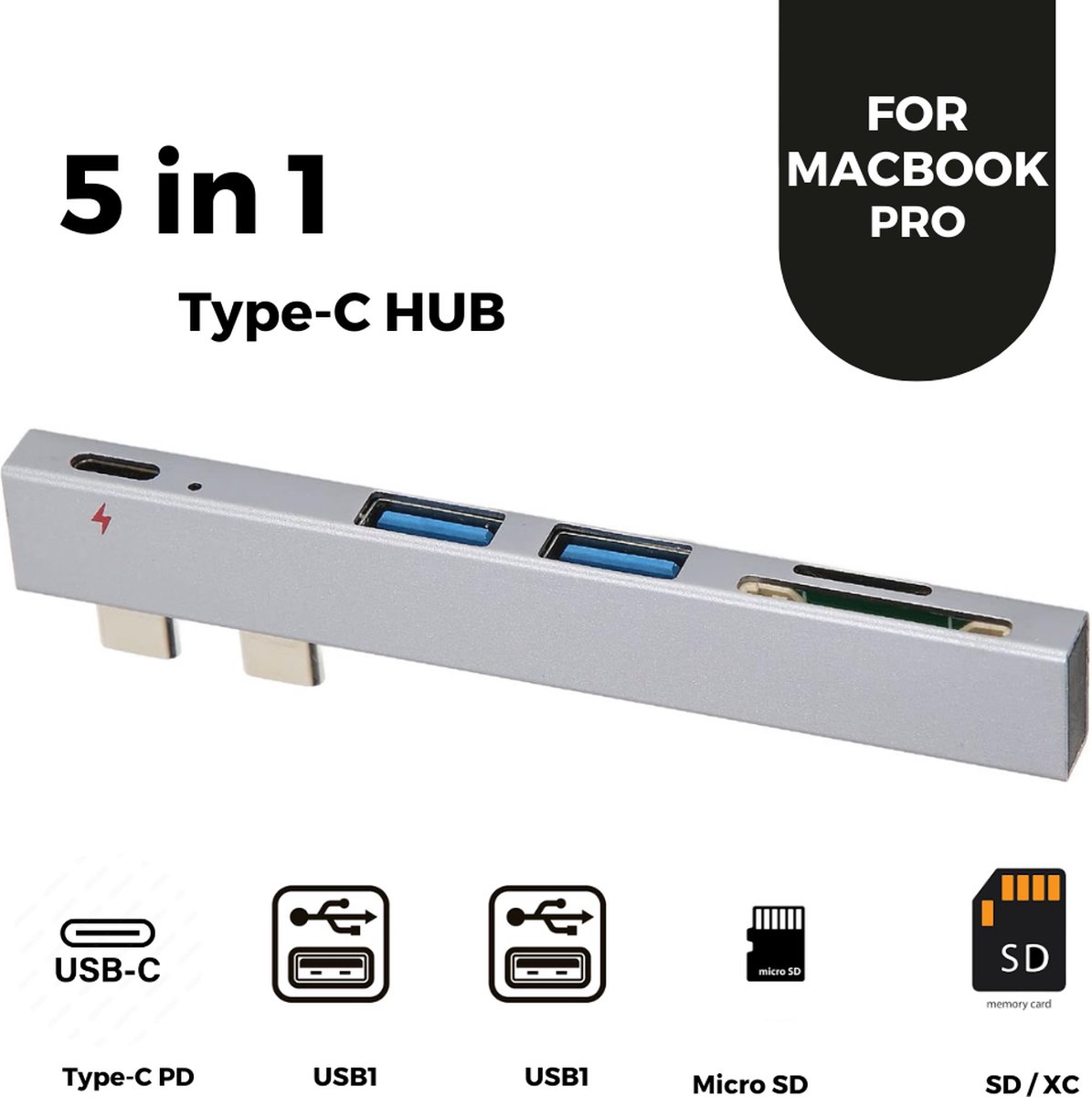 LEA - USB Hub 5 in 1 Type-C Hub 3.0 Dual Type-C voor Macbook Pro USB-C Adapter - Card Reader