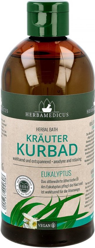 Bruine fles met groene dop, etiket met "HERBAMEDICUS" logo en "EUKALYPTUS" kruidenbad.