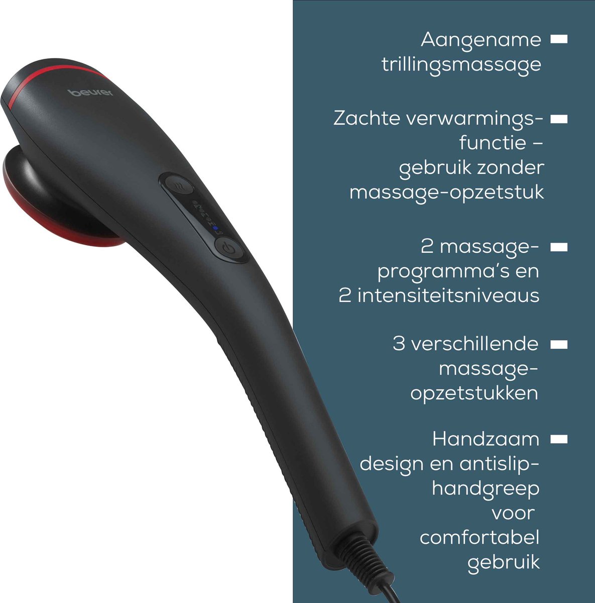 Afbeelding 3 van Beurer MG 24 Massageapparaat met Warmtefunctie – Vibrerende Massage voor Spieren – 3 Opzetstukken – 2 Intensiteiten – 2 Programma’s – Ontspannend & Gebruiksvriendelijk - 3 Jaar Garantie