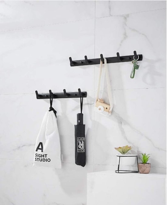 Handdoekhouder, wandkapstok, aan de muur gemonteerde garderobestandaard met 5 haken, 40,5 x 3,5 cm, moderne zwarte kleerhangerhouder, verpakking van 2 stuks