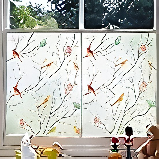 glas-in-lood raamfolie, ondoorzichtige privacyfolie: zelfklevende raamzonwering, kleurrijke decoratieve folie, privacy, statisch hechtend, melkglasfolie, vogelmotief (44,5 x 200 cm)