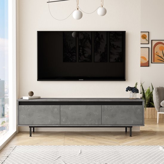 Vica Nordica Meuble TV - 160 cm - Aspect Béton - Meuble TV de Style Nordique avec Pieds en Métal